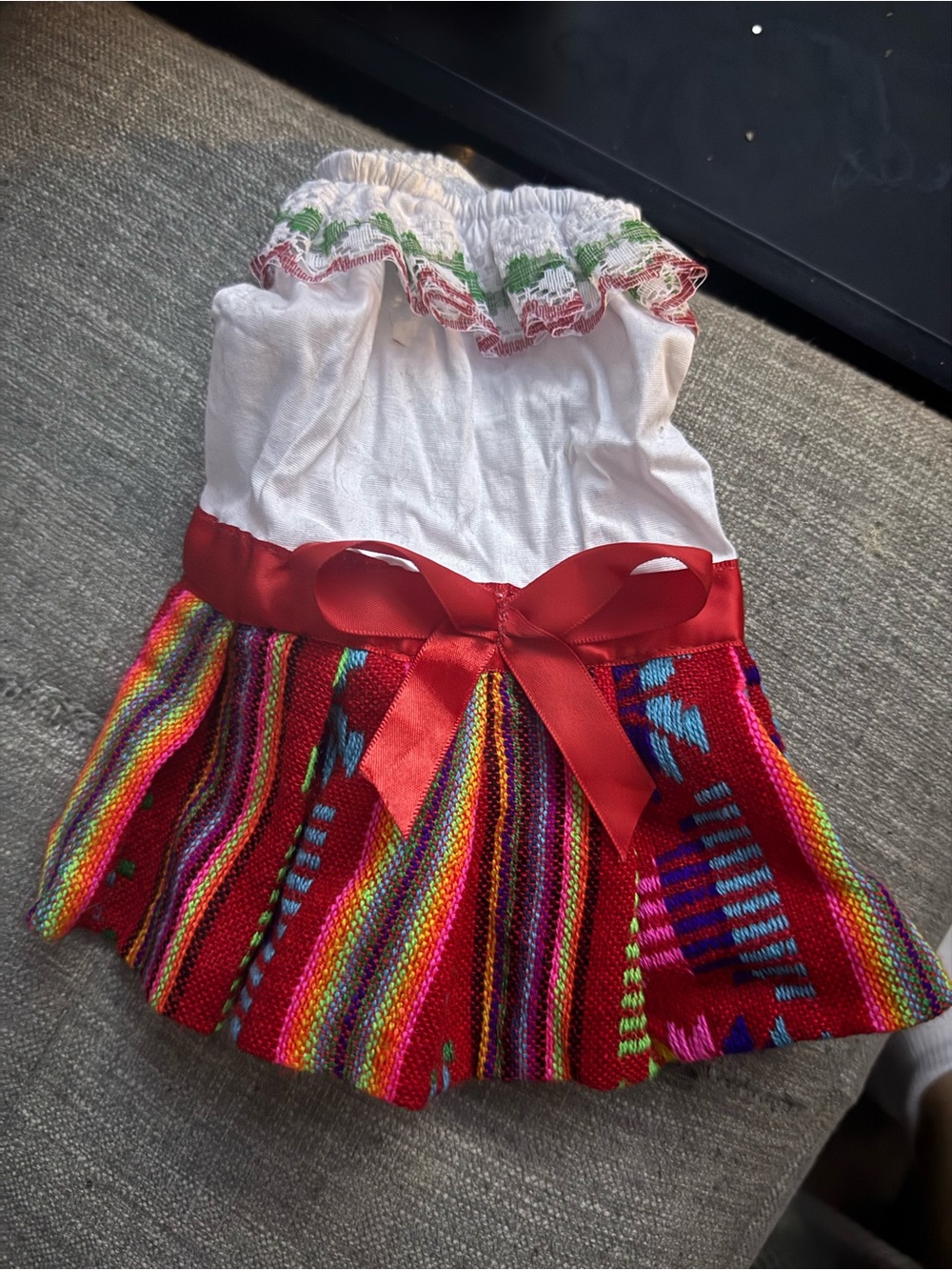 White and Red Festive Dog' Costume Dress with Multicolor Skirt - XXS